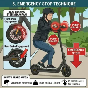 A graphic showing the use of regenerative braking on slopes to explain how to brake safely on electric scooter while going downhill.
