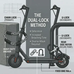 Demonstration of the dual-lock strategy combined with a fixed anchor showing how to lock electric scooter to prevent theft.
