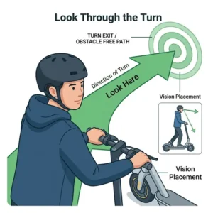Illustration showing why looking through the exit of a curve is essential for how to turn properly on electric scooter.