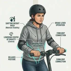 Maintaining a forward gaze to understand how to balance on electric scooter first time effectively.