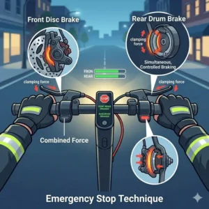 Emergency braking techniques for riders to know how to ride electric scooter in traffic safely in sudden stops.