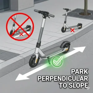 Positioning a scooter perpendicular to a hill, a key safety step in how to park electric scooter properly on slanted surfaces.