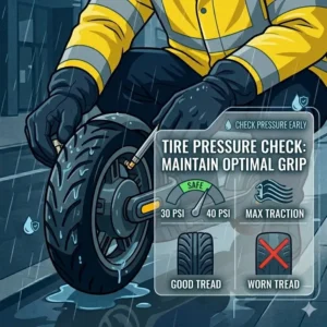 Inspecting tire tread and pressure as a key part of how to use electric scooter in rain safely.