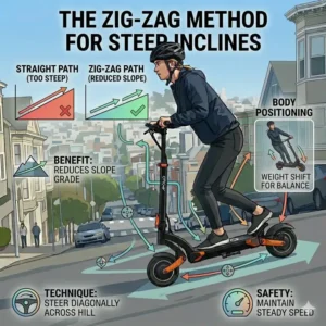 A path diagram showing the zig-zag riding method as part of how to ride electric scooter uphill on steep inclines.