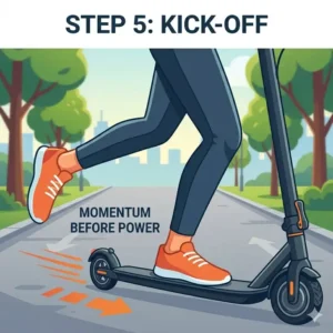 Using a manual kick-off motion to demonstrate how to start electric scooter step by step.