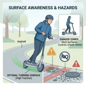Visual guide on avoiding stiff arms and bad posture while learning how to turn properly on electric scooter.