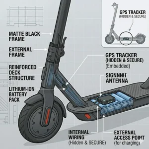 Internal view of a hidden GPS tracking device helping users understand how to lock electric scooter to prevent theft and aid recovery.