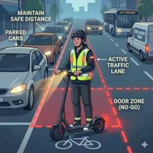 Visualizing the distance from parked cars to explain how to ride electric scooter in traffic safely and avoid open doors.
