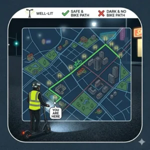 Choosing well-lit paths and bike lanes on a map to plan how to ride scooter at night safely.