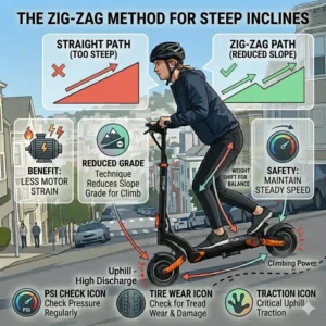 Close-up of tire treads and pressure settings optimized for how to ride electric scooter uphill with maximum traction.