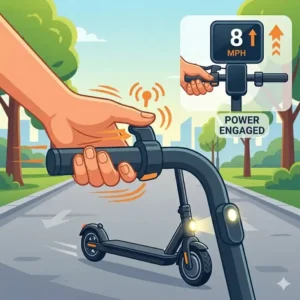 Gently pressing the thumb throttle during the process of how to start electric scooter step by step.