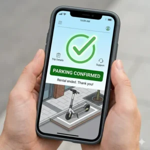 A smartphone screen showing a "Parking Confirmed" message as the final step in how to park electric scooter properly.