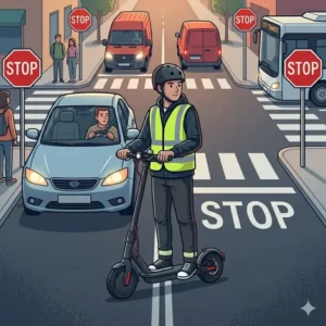 Making eye contact with drivers at intersections to practice how to ride electric scooter in traffic safely at stop signs.