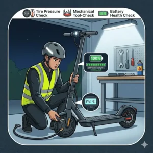Performing a pre-ride inspection on tires and battery to ensure how to ride scooter at night safely.