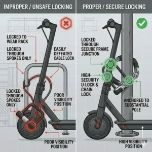 A side-by-side comparison of correct and incorrect techniques for how to lock electric scooter to prevent theft.