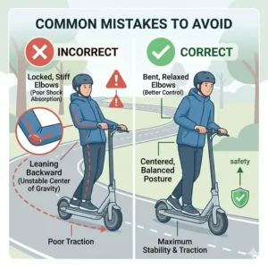 Graphic showing road hazards like gravel and wet leaves to watch for when learning how to turn properly on electric scooter