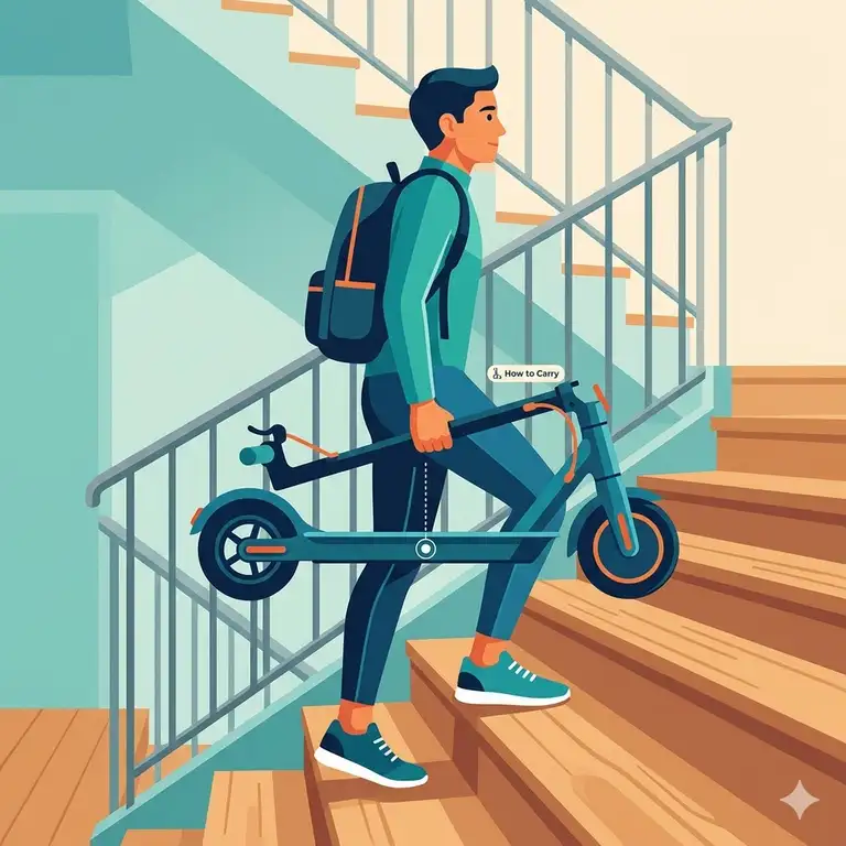 A person demonstrating the correct ergonomic form on how to carry electric scooter upstairs by holding the stem firmly.