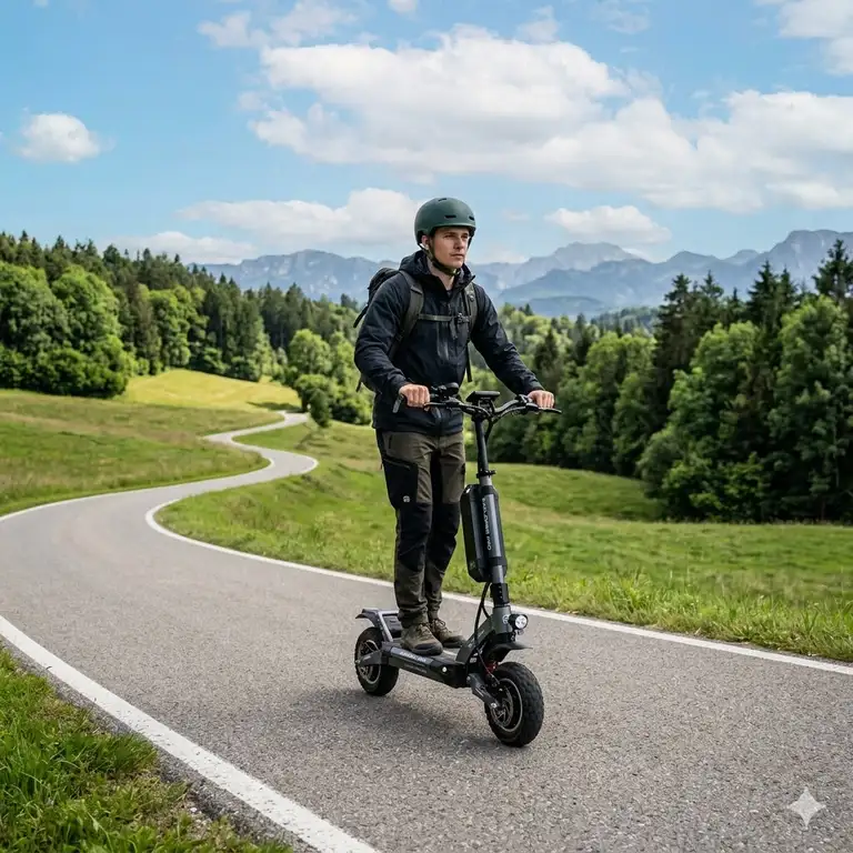 A professional guide on how to ride electric scooter long distance safely on a scenic path.