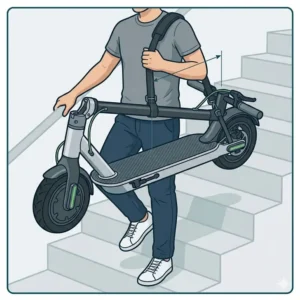 Using a shoulder strap as an alternative method for how to carry electric scooter upstairs for long distances.