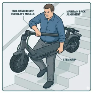 Two-handed grip technique for heavy models when practicing how to carry electric scooter upstairs.