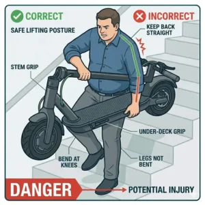 Infographic showing the correct leg posture and back safety for how to carry electric scooter upstairs.