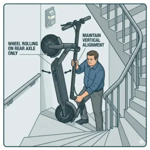 Visual guide on navigating narrow steps and how to carry electric scooter upstairs in a vertical position.
