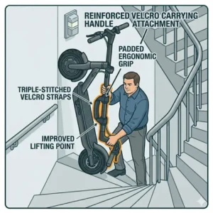 A close-up of a reinforced handle attachment designed for how to carry electric scooter upstairs more easily.